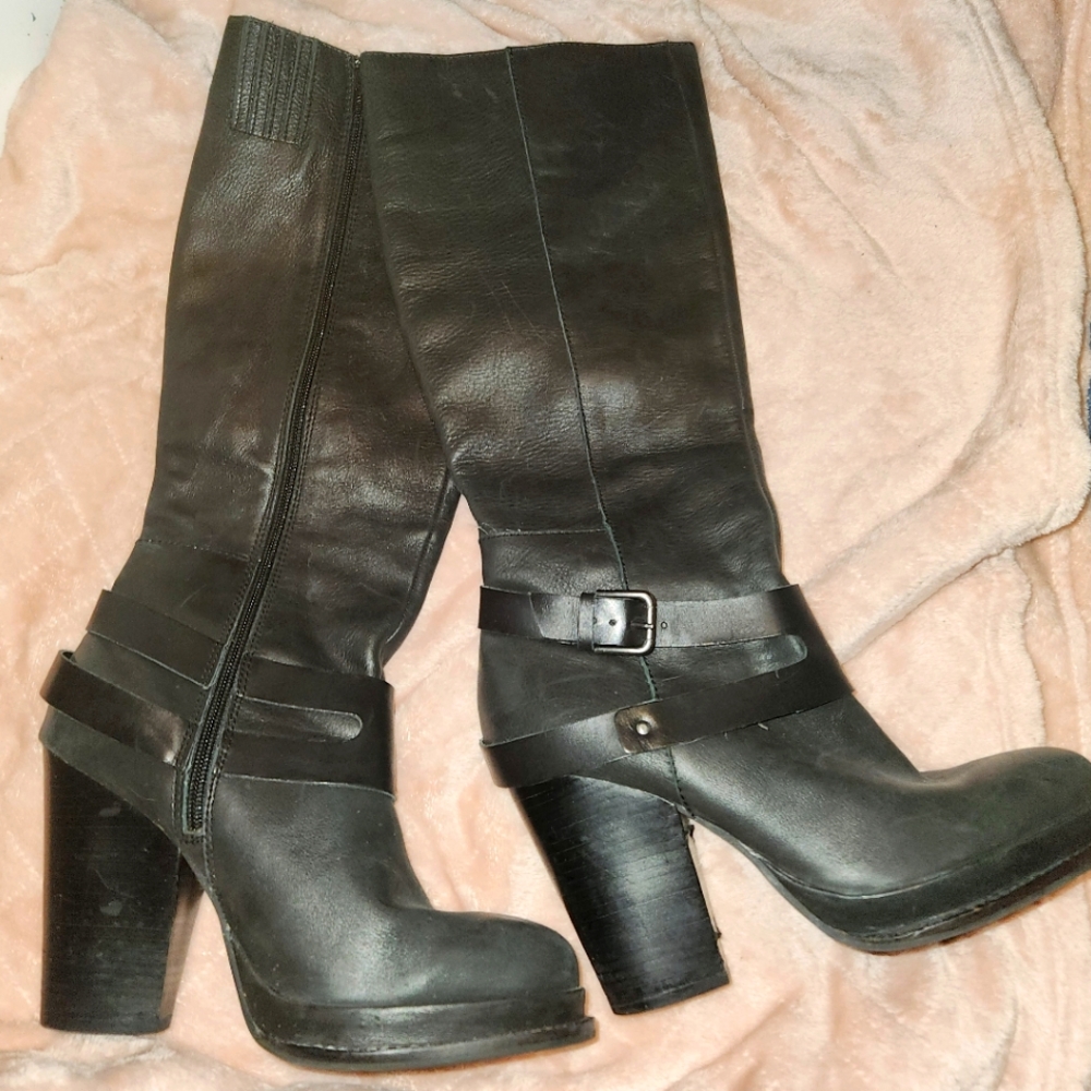 Seychelles Tall Black Leather Harness Lug Heel Boots, 10